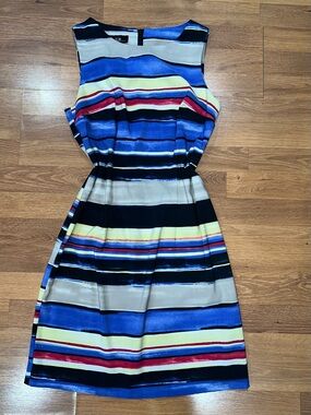 AGB Sleeveless Striped Midi Dress in Blue, Black, Cream and Red